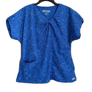 Grey’s Anatomy Kimono Knot Athena Scrub Top Royal Blue Print 41271 Size Large
